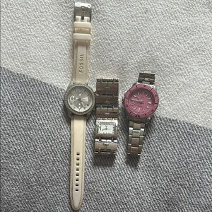 Fossil White Silicone Watch & Two Stainless Steel Watches - Pink Accent